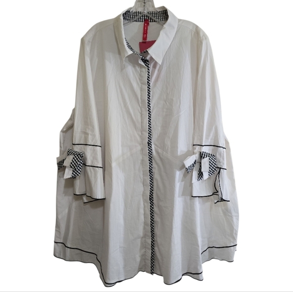 NWT IC by Connie K White Button Down A-line Tunic Top 1X Gingham Trim Bow Cuffs - Picture 3 of 12